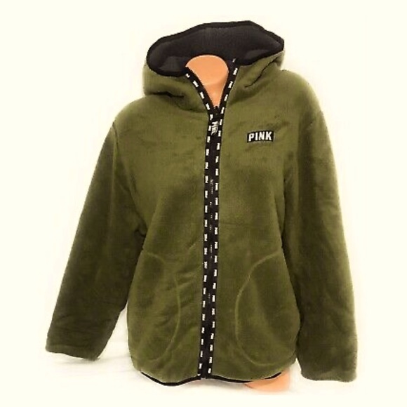 VS Pink Reversible Army Olive Green Sherpa Teddy Hooded Sweatshirt XS - Picture 6 of 7